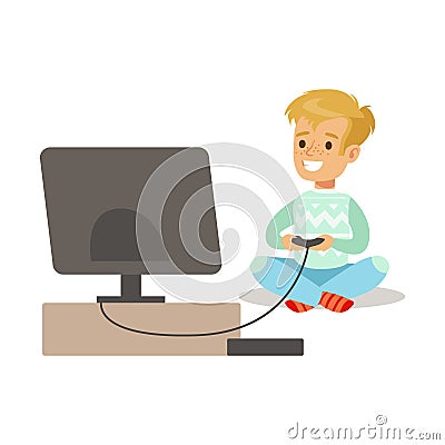 Boy With Joystick And Console, Part Of Happy Gamers Enjoying Playing Video Game, People Indoors Having Fun With Computer Vector Illustration