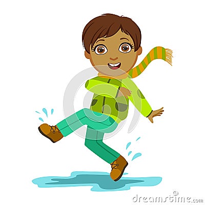 Boy Kicking Water With Foot, Kid In Autumn Clothes In Fall Season Enjoyingn Rain And Rainy Weather, Splashes And Puddles Vector Illustration