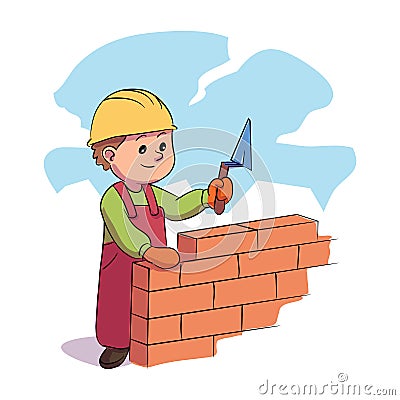Boy kid builder holding level tool doing brickwork Vector Illustration