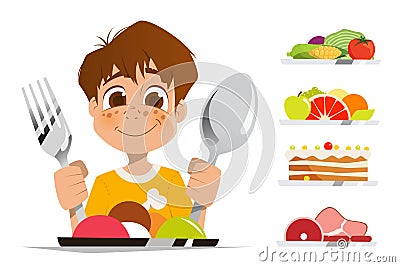 Boy kid child holding spoon and fork eating meal dish Vector Illustration