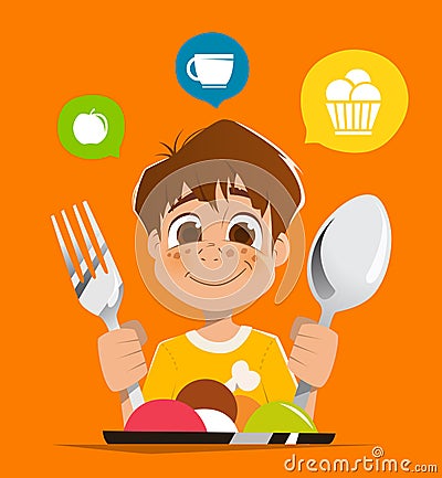 Boy kid child holding spoon and fork eating meal dish Vector Illustration