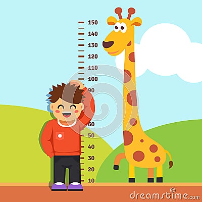 Boy kid measuring his height at kindergarten wall Vector Illustration