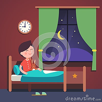 Boy kid preparing to sleep bedtime in his bed Vector Illustration