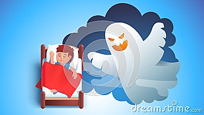 Boy kid sleeping in bed dreaming having nightmare Vector Illustration