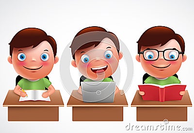 Boy kid vector characters set. Male preschool student studying, reading and browsing Vector Illustration