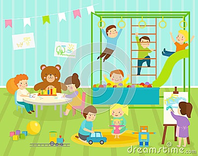 Boy kids vector kindergarten room with big slide swing with light furniture decor. Young baby kids playground toys robot Vector Illustration