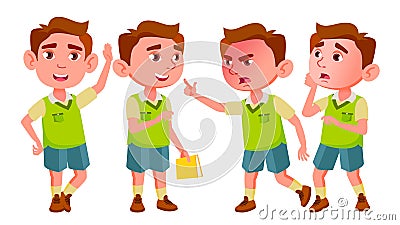 Boy Kindergarten Kid Poses Set Vector. Baby Expression. Preschooler. Life. For Postcard, Announcement, Cover Design Vector Illustration