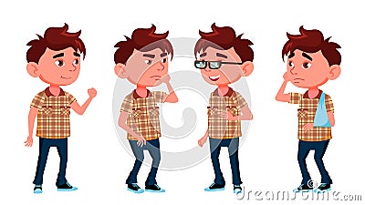 Boy Kindergarten Kid Poses Set Vector. Caucasian Child Expression. Broken Arm, Gglasses, Ill. For Banner, Flyer, Web Vector Illustration