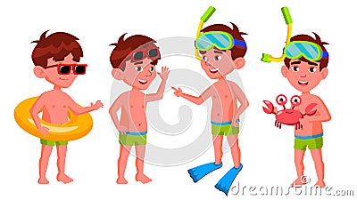 Boy Kindergarten Kid Poses Set Vector. Preschool. Young Positive Person. Undressed. Summer Vacation. Water Park, Pool Vector Illustration