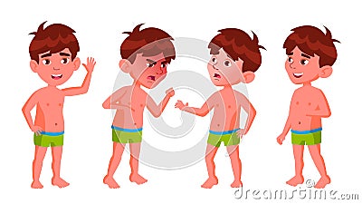 Boy Kindergarten Kid Poses Set Vector. Pretty Positive Baby. Undressed. Summer Vacation. Pool, Beach. For Postcard Vector Illustration