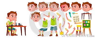 Boy Kindergarten Kid Vector. Animation Creation Set. Face Emotions, Gestures. Caucasian Child Expression. Activity. For Vector Illustration