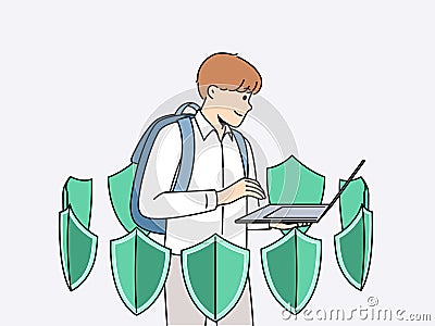 Boy with laptop is learning cyber protect and installing antivirus and standing among green shields Vector Illustration