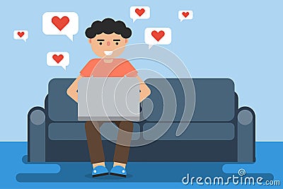 Boy with a laptop print love messages on the couch Vector Illustration