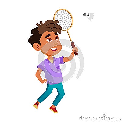 Boy Latin Infant Playing Badminton Game Vector Vector Illustration