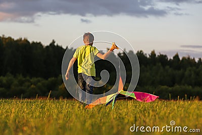 The boy launches a kite. Summer day. Sunny.The boy in a yellow t-shirt with a kite Stock Photo