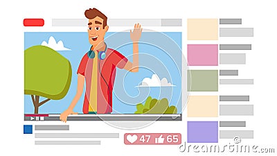 Boy Leading Online Stream Channel. Online Internet Streaming Video Concept. Cartoon Flat Illustration Vector Illustration