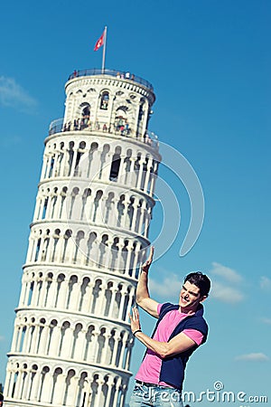 Boy with Leaning Tower of Pisa Stock Photo