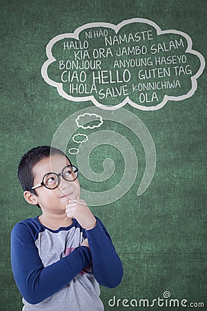 Boy learns foreign vocabulary Stock Photo