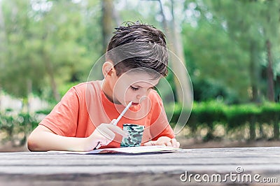 Boy learns to read and write at the park. Summer school holidays Stock Photo