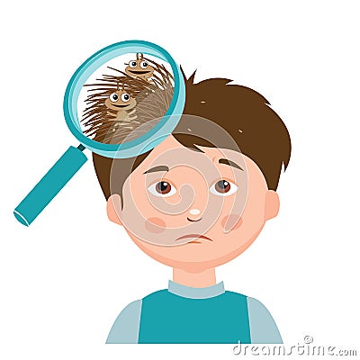 Boy with lice. Magnifying glass close up of a head. Vector Illustration