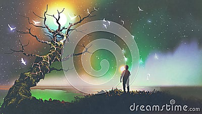 Boy with the light ball looking at fantasy tree Cartoon Illustration