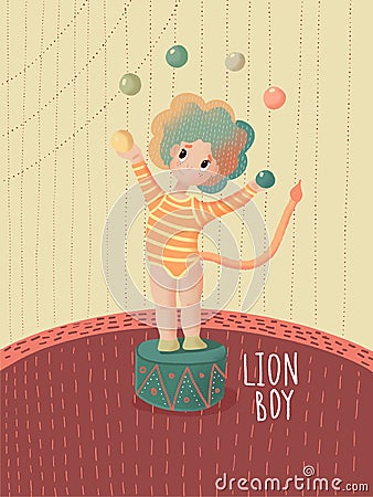 Boy lion plays in a circus, juggles balls. Stock Photo