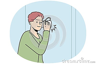 Boy listens to what happening behind wall with mug. Vector Illustration