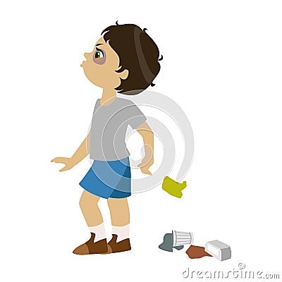 Boy Littering, Part Of Bad Kids Behavior And Bullies Series Of Vector Illustrations With Characters Being Rude And Vector Illustration