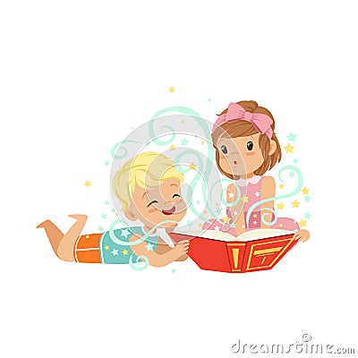 Boy with little girl reading magic book with fantasy stories. Brother and sister characters. Children imagination Vector Illustration