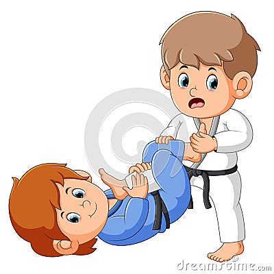 The boy is locking his friend`s feet to beat down him in karate competition Vector Illustration