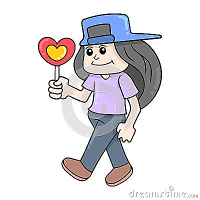 Boy with long hair is carrying candy love, doodle icon image kawaii Vector Illustration