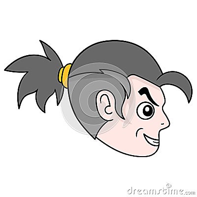 Boy with long hair in a ponytail, doodle icon drawing Vector Illustration