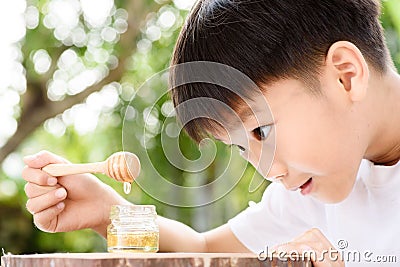Boy look at honey comb Stock Photo