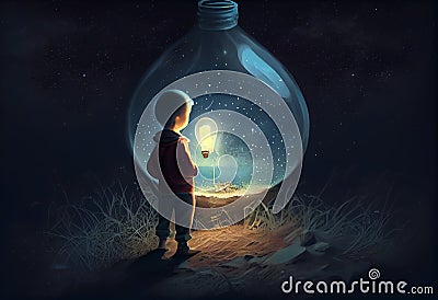 boy looking the big bulb half buried in the ground against night sky with stars. Generate Ai. Stock Photo