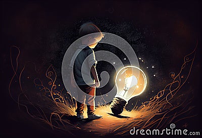 boy looking the big bulb half buried in the ground against night sky with stars. Generate Ai. Stock Photo