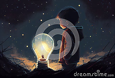 boy looking the big bulb half buried in the ground against night sky with stars. Generate Ai. Stock Photo