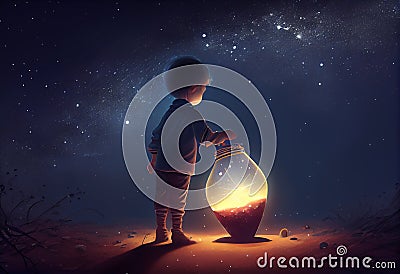 boy looking the big bulb half buried in the ground against night sky with stars. Generate Ai. Stock Photo