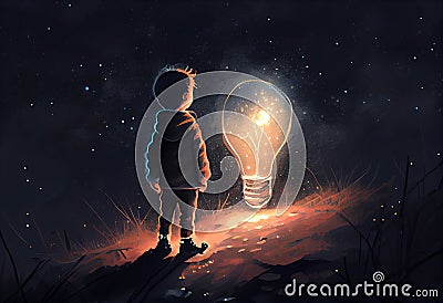 boy looking the big bulb half buried in the ground against night sky with stars. Generate Ai. Stock Photo