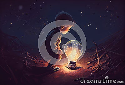 boy looking the big bulb half buried in the ground against night sky with stars. Generate Ai. Stock Photo