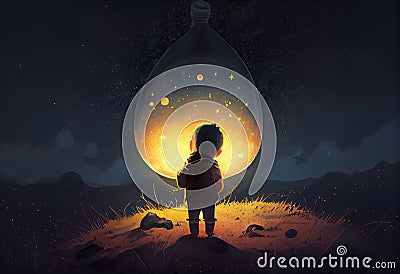 boy looking the big bulb half buried in the ground against night sky with stars. Generate Ai. Stock Photo