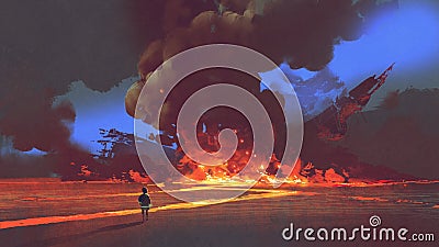 Boy looking at crashed spaceship with explosion Cartoon Illustration