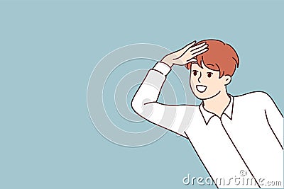 Boy looks out and puts hand to forehead to look into distance and find interesting offer Vector Illustration