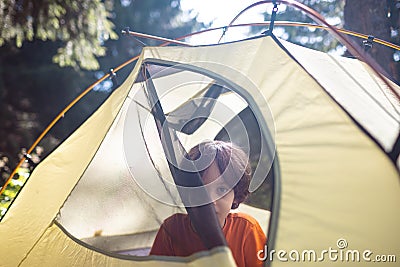 A boy looks out of a tent Stock Photo