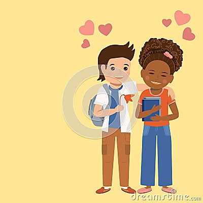 A boy in love gives a flower to his girlfriend Vector Illustration