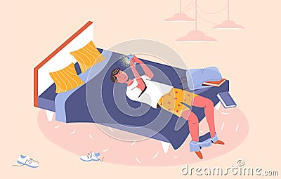 Boy lying on a bed partly undressed with smartphone chatting, gaming, procrastinating in social networks Vector Illustration