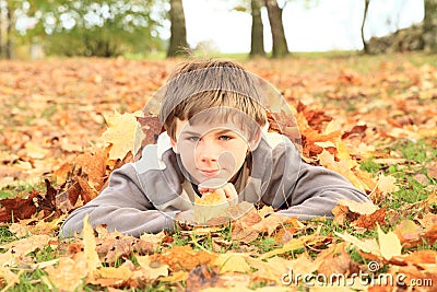 Boy lying in leaves Stock Photo
