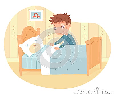 Boy making bed neat in bedroom. Kid helps at home with housework vector illustration. Modern room interior design with Vector Illustration