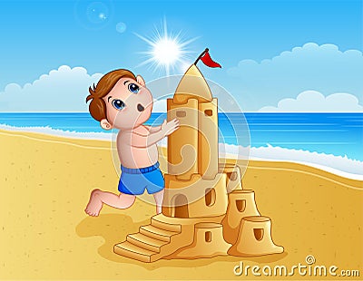 Boy making a big sand castle at the beach Vector Illustration