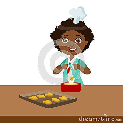 Boy Making Dough For Cookies, Cute Kid In Chief Toque Hat Cooking Food Vector Illustration Vector Illustration
