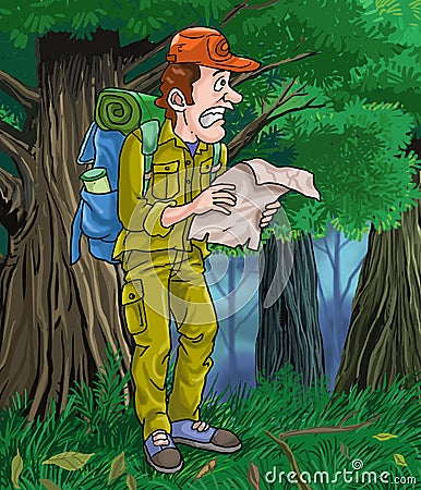 Boy with map fear lost in the jungle alone cartoon character illustration Cartoon Illustration
